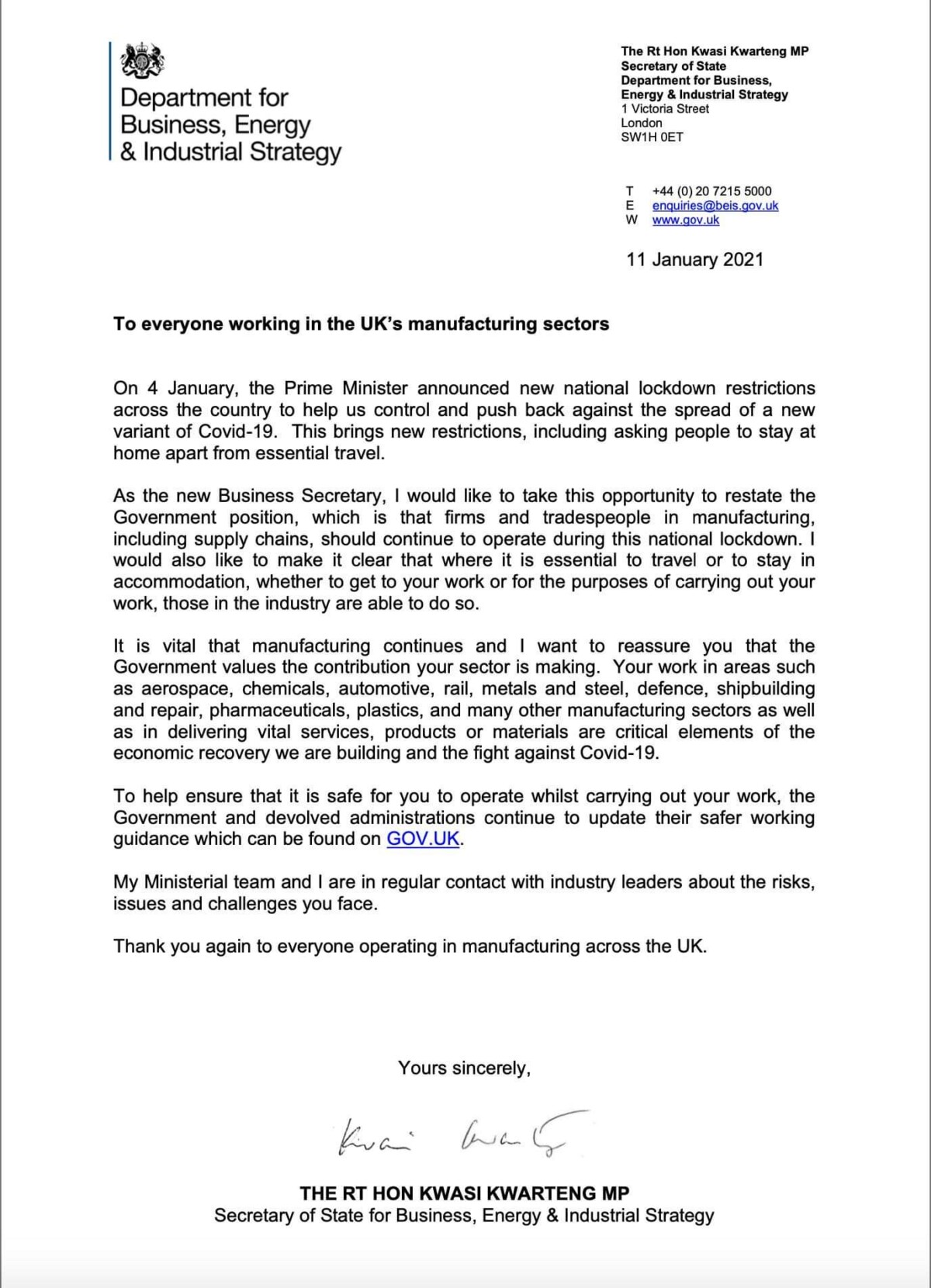 BEIS Secretary Of State Kwasi Kwarteng Issues Letter To Construction ...